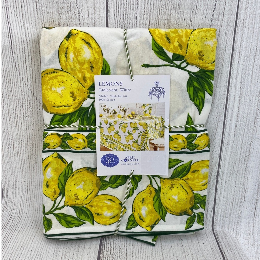 April Cornell Tablecloth 60x84 White Yellow Lemons Cotton Fruit Picnic Summer